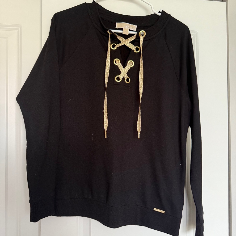 MICHAEL Michael Kors Black Crewneck with Gold Sparkle Ties - Size S